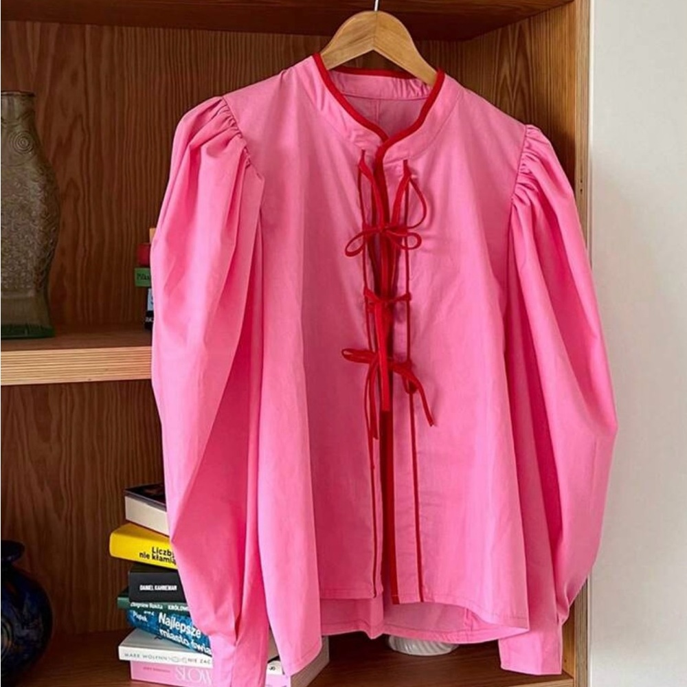 SHEIN Pink Puff Sleeve Blouse with Red Trim & Bow Ties - Picture 5 of 6